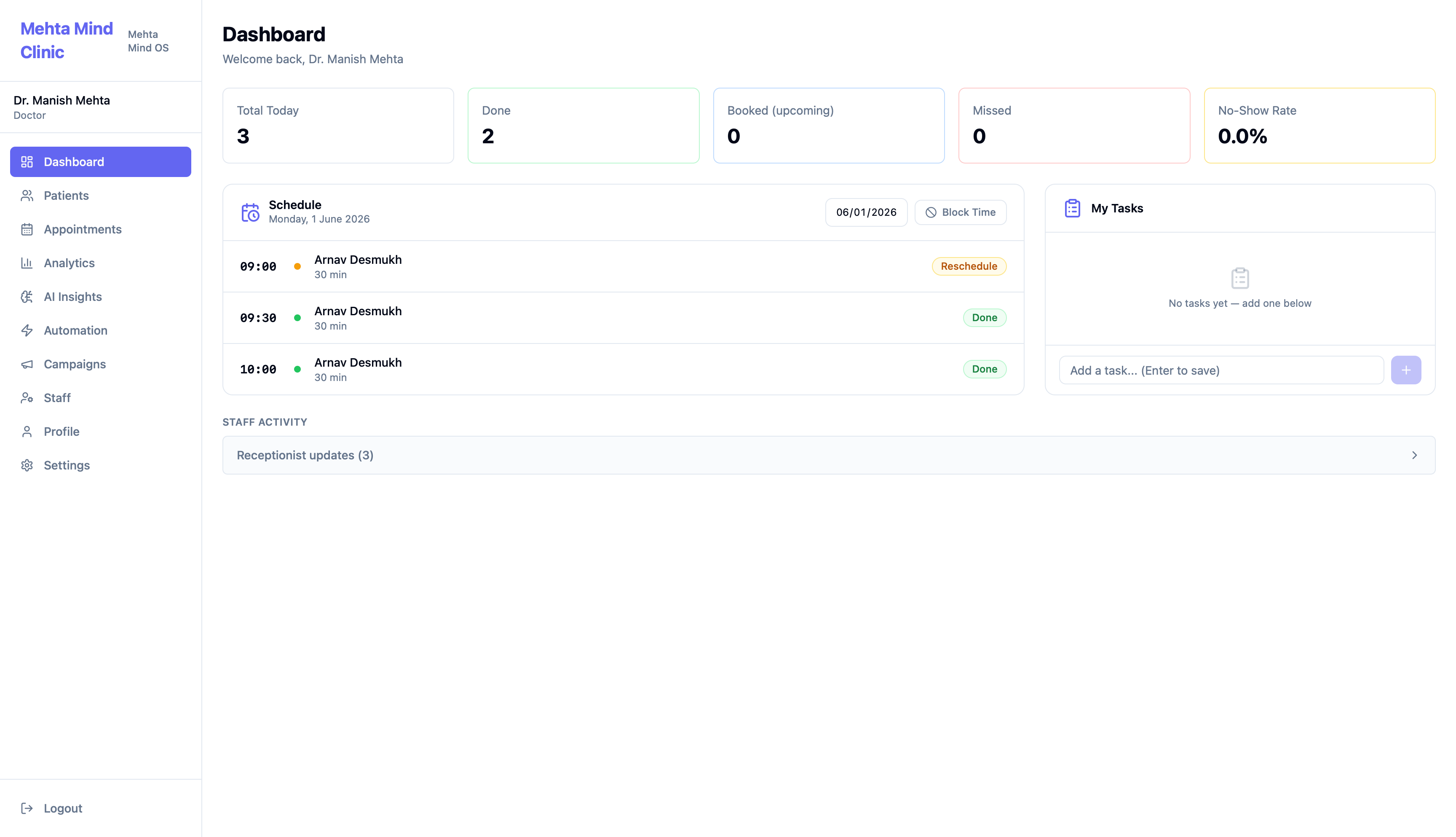 Vytal Clinic OS Psychiatry Dashboard